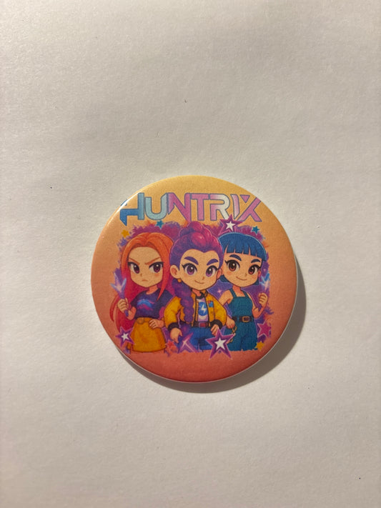 3" in. Circular button badge with animated characters and Huntrix text.